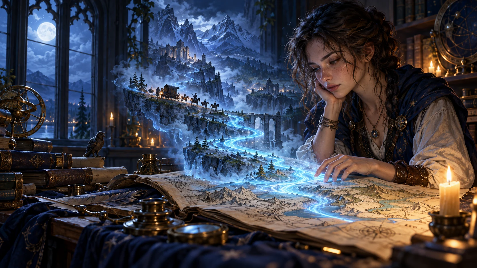 A cartographer studies an impossible atlas as a luminous river rises from the map in a moonlit study.