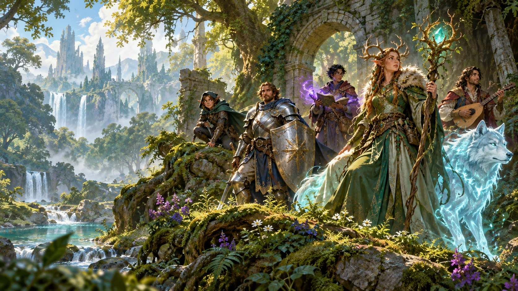 A druid, guardian, rogue, spellcaster and bard gather in a luminous emerald forest.