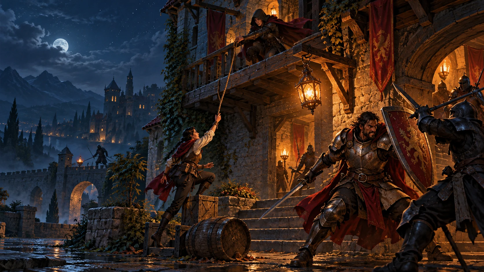 Adventurers coordinate a balcony rescue while a shield-bearing companion holds a courtyard stairway.