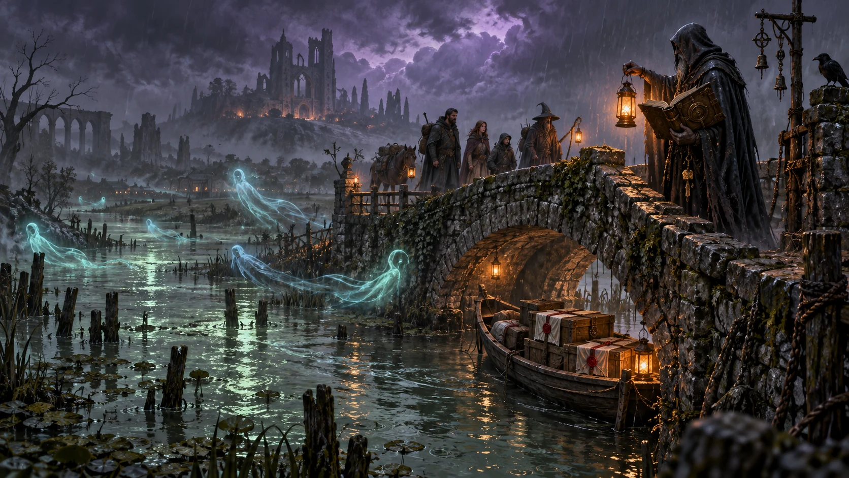 A lantern-bearing keeper holds a ledger on an ancient bridge above a stranded boat in a flooded marsh.