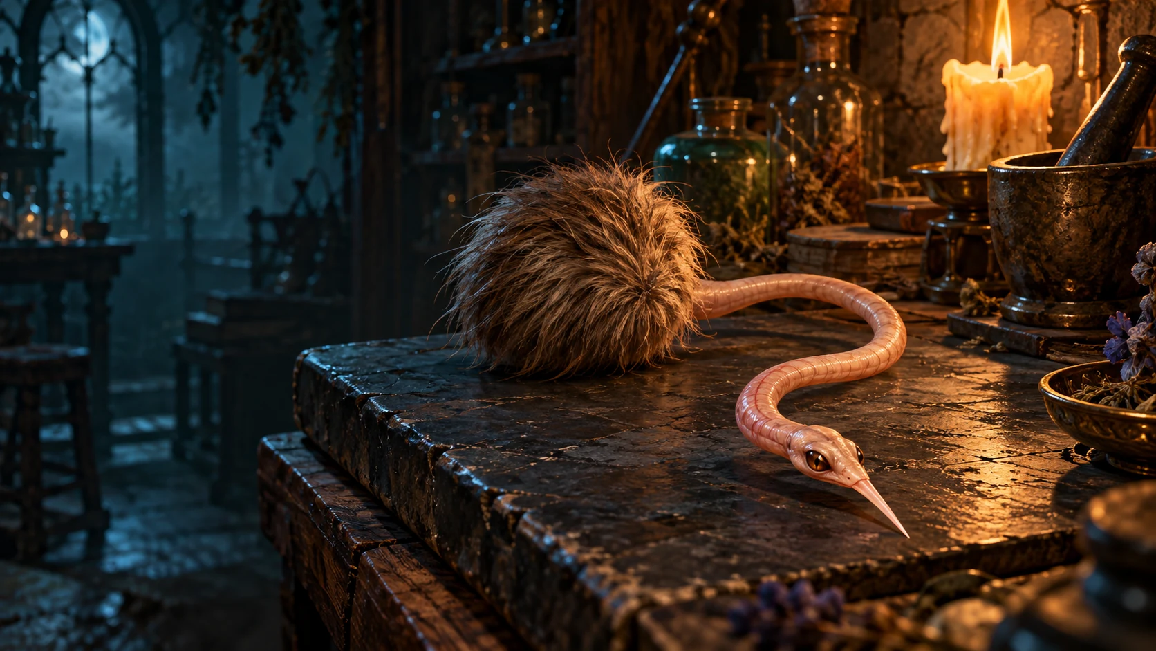 A faceless decoy fur tuft joined to a long flesh colored serpentine body, with its eyes on the narrow pointed head at the far end.