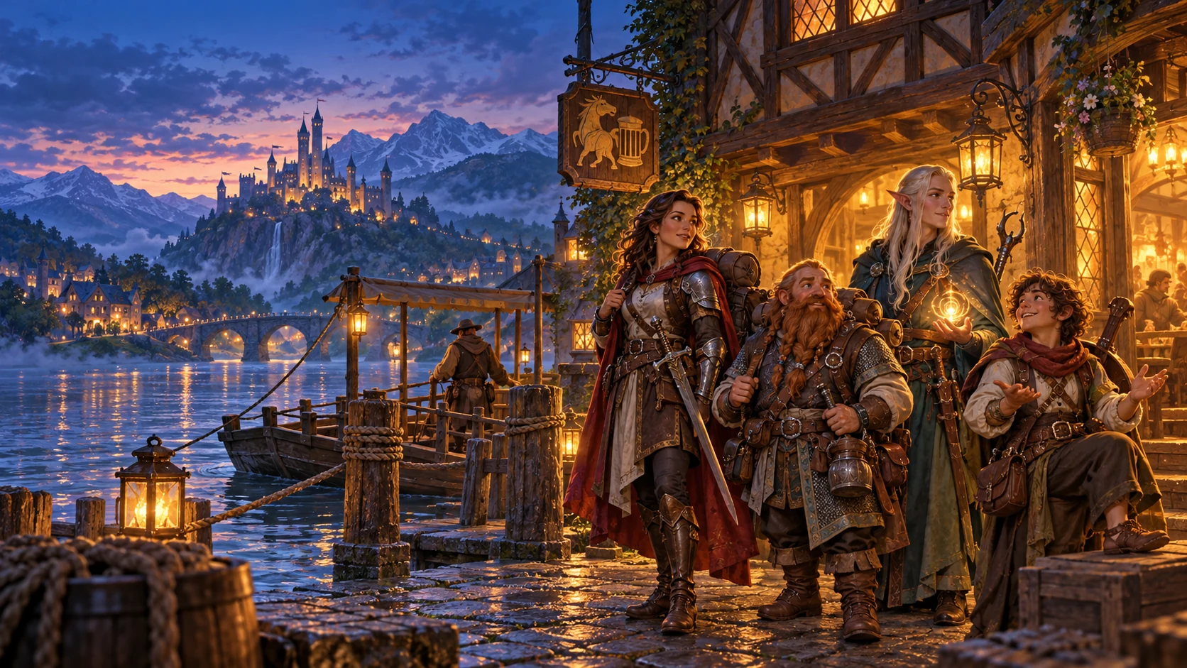 A varied adventuring party arrives at a lantern-lit riverside tavern and ferry landing at blue hour.